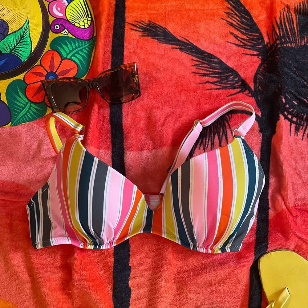 Shade & Shore Pink, Yellow, Orange Striped Bikini Top Only Size 34C